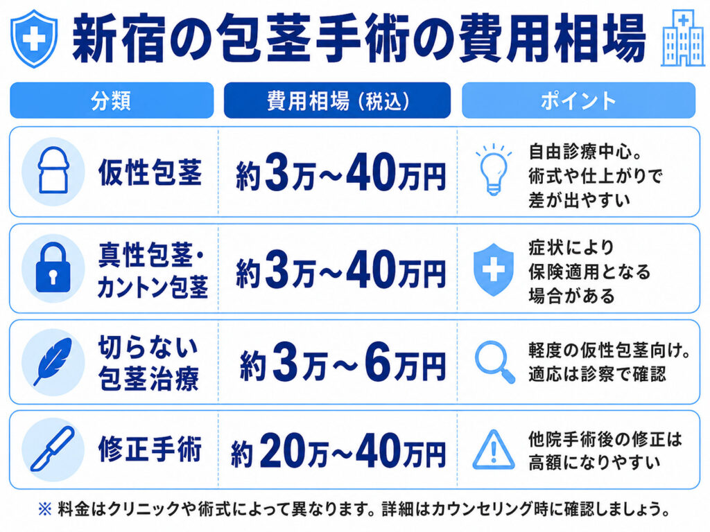新宿エリアの包茎手術の費用・値段